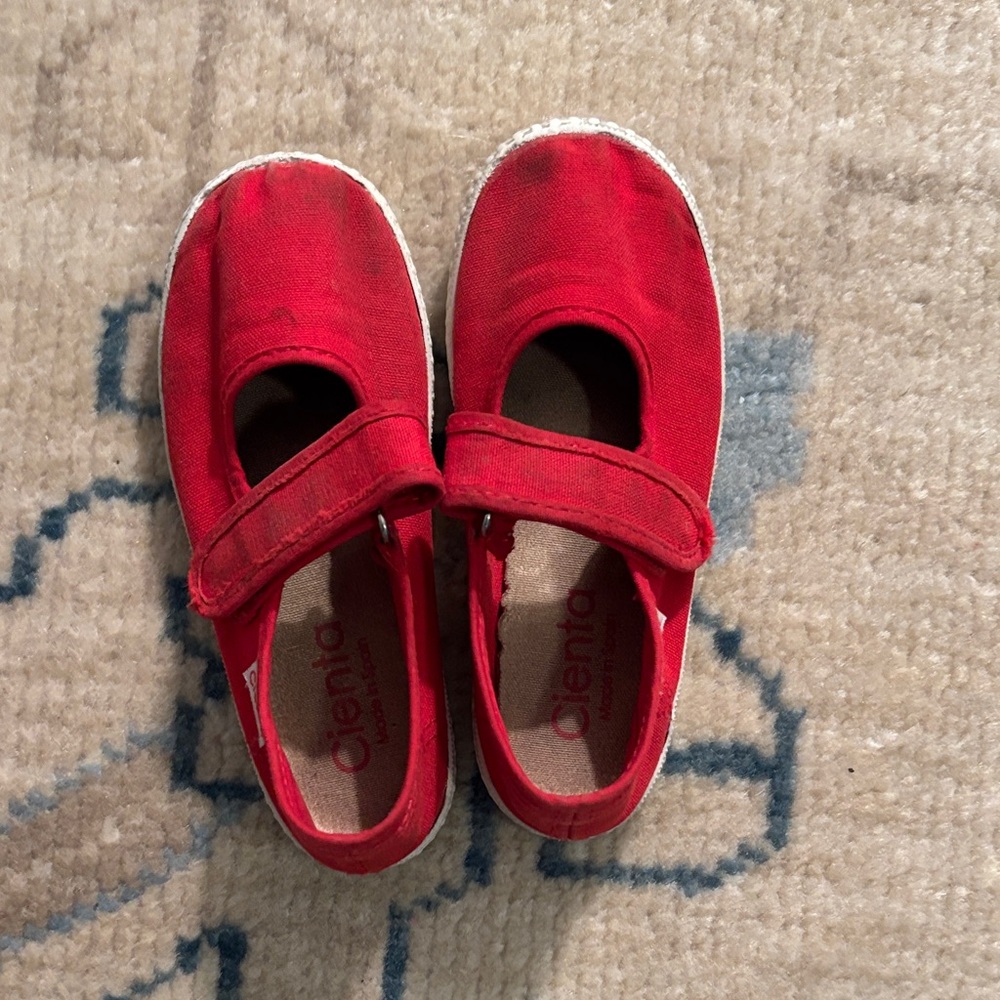 Cienta Kids Red Canvas Mary Jane Sneakers with Hook-and-Loop Strap